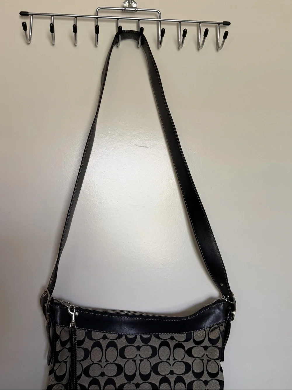 COACH Crossbody Bag Canvas Monogram Leather Trim Pre-Loved